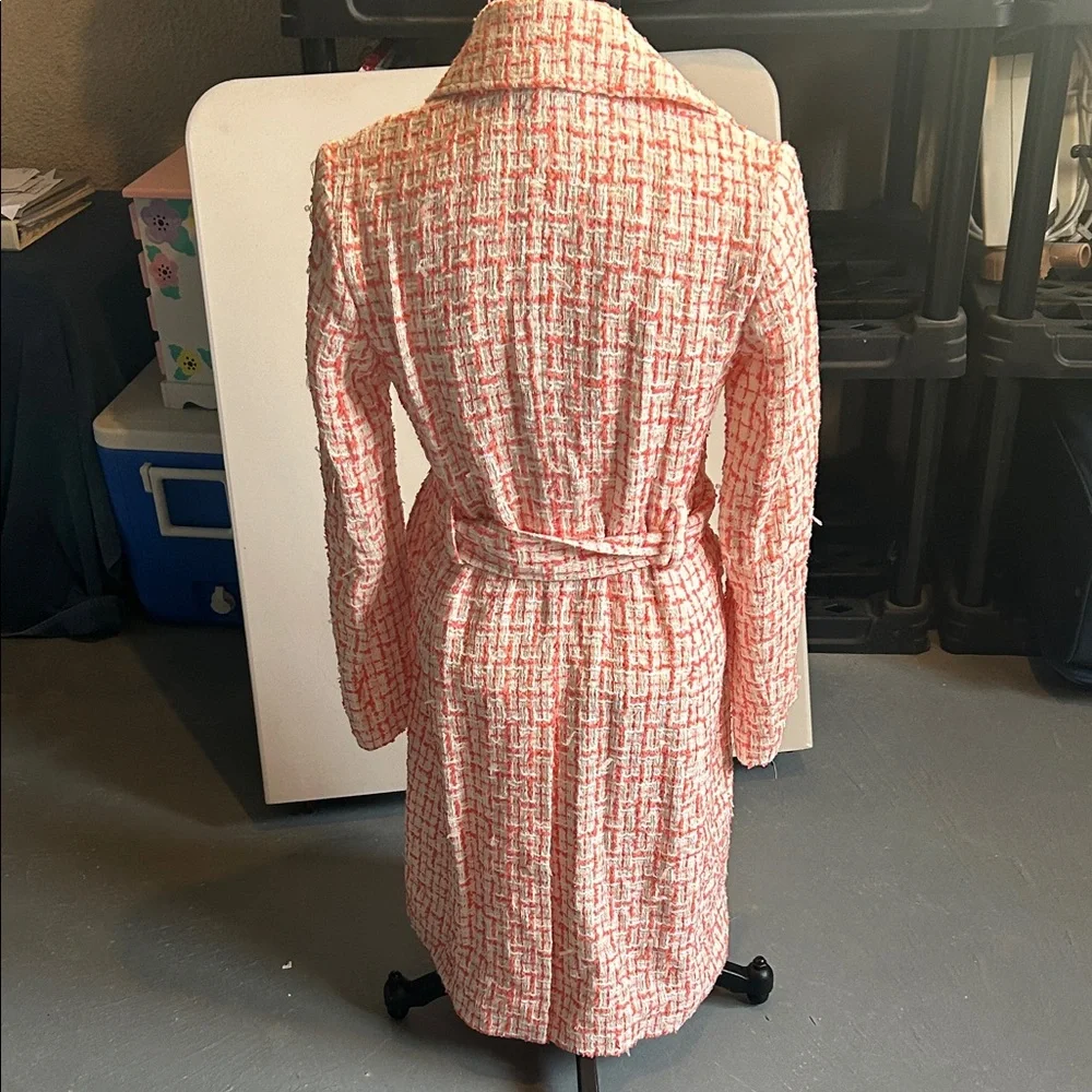 Monique Lhuillier Pink and White Tweed Trench Coat